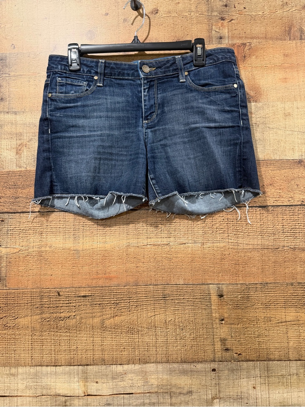 PAIGE Jimmy Jimmy Short Dark Blue Distressed Denim Cutoff Midi Shorts Size 28